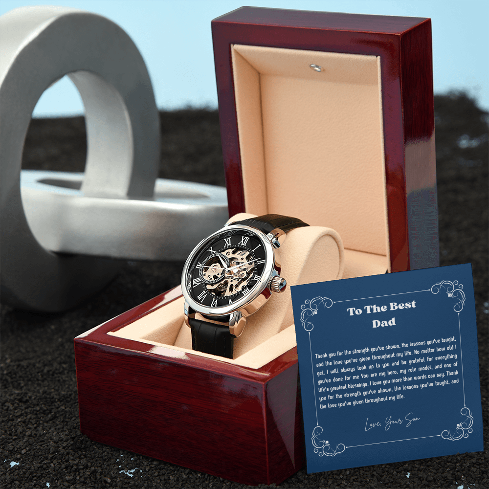 To My Dad Openwork Watch from Son – Luxury Automatic Skeleton Watch for Birthday, Father's Day & Christmas Gift