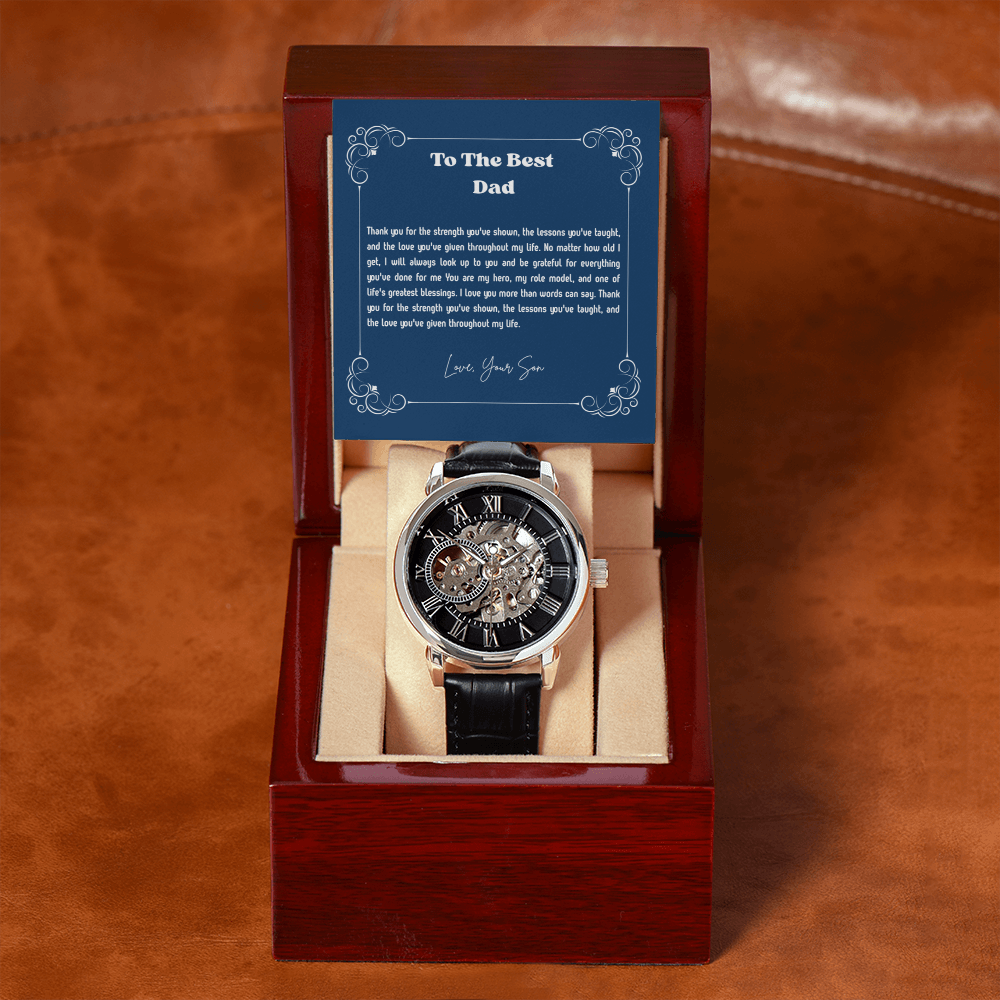 To My Dad Openwork Watch from Son – Luxury Automatic Skeleton Watch for Birthday, Father's Day & Christmas Gift