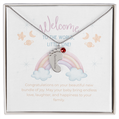 Engraved Baby Feet Necklace with Birthstone – Personalized New Mom Gift, Custom Name Jewelry, Baby Keepsake Necklace