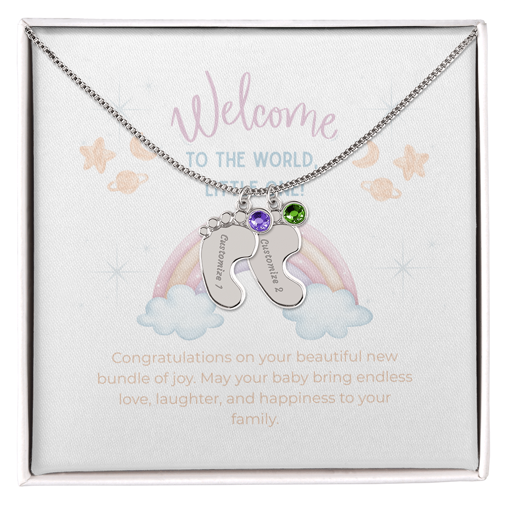 Engraved Baby Feet Necklace with Birthstone – Personalized New Mom Gift, Custom Name Jewelry, Baby Keepsake Necklace