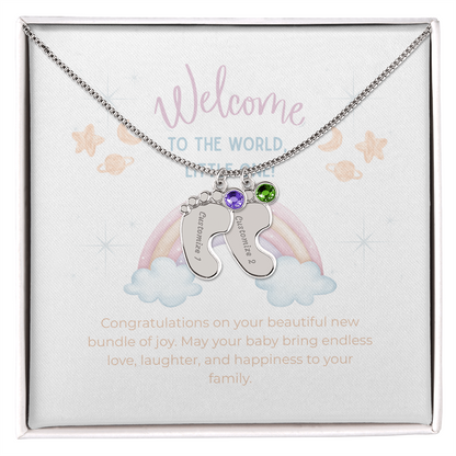 Engraved Baby Feet Necklace with Birthstone – Personalized New Mom Gift, Custom Name Jewelry, Baby Keepsake Necklace
