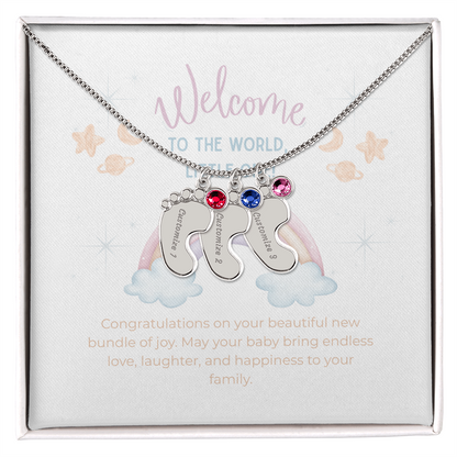 Engraved Baby Feet Necklace with Birthstone – Personalized New Mom Gift, Custom Name Jewelry, Baby Keepsake Necklace