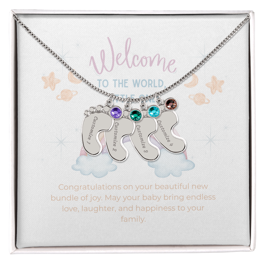 Engraved Baby Feet Necklace with Birthstone – Personalized New Mom Gift, Custom Name Jewelry, Baby Keepsake Necklace