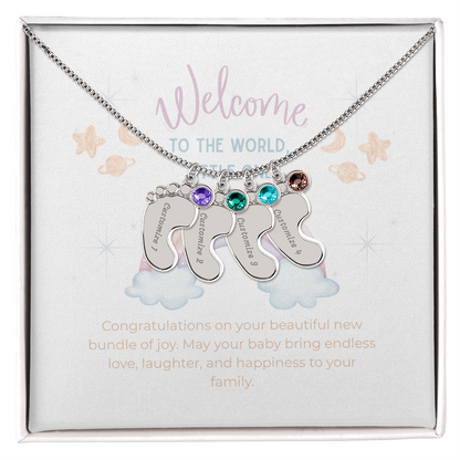 Engraved Baby Feet Necklace with Birthstone – Personalized New Mom Gift, Custom Name Jewelry, Baby Keepsake Necklace