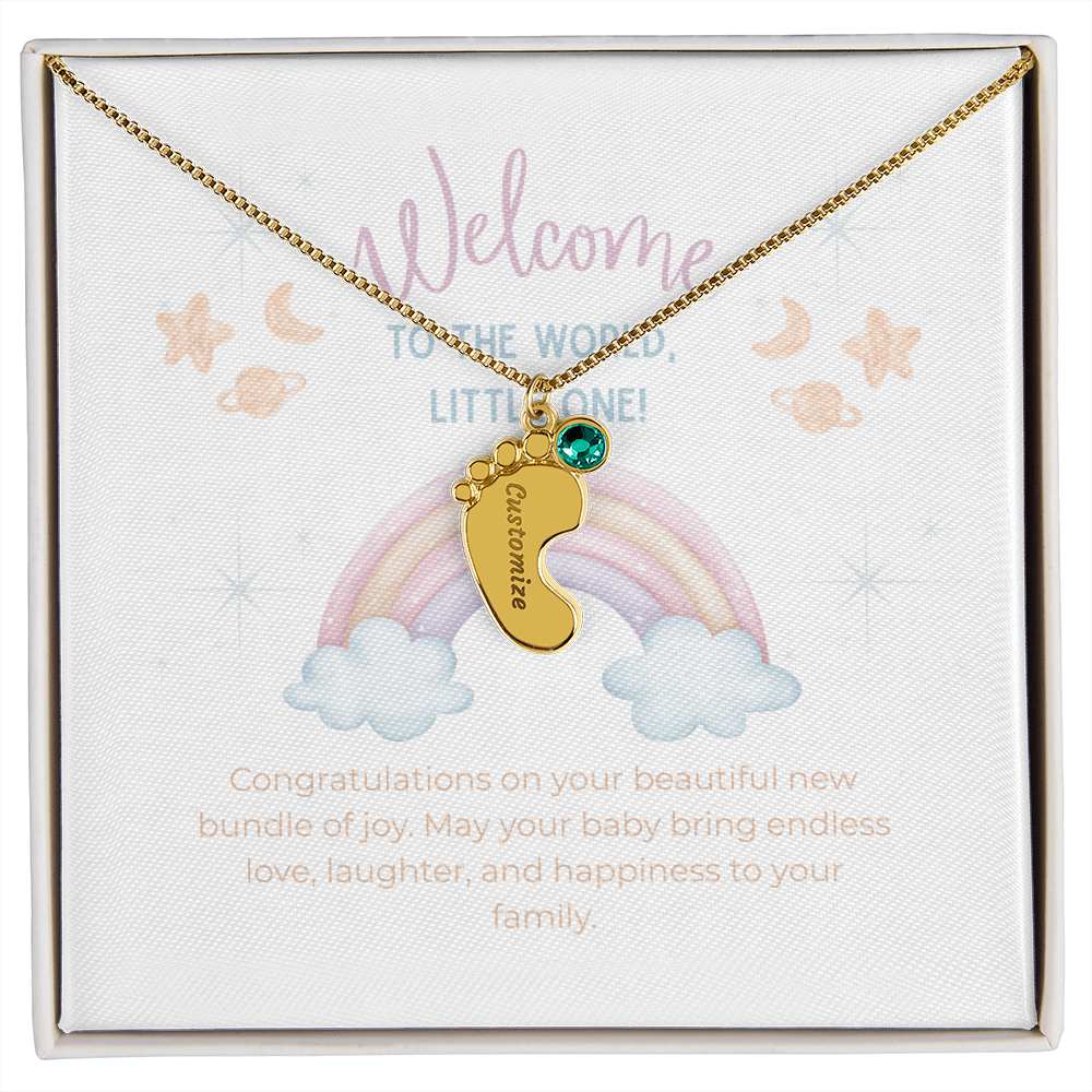 Engraved Baby Feet Necklace with Birthstone – Personalized New Mom Gift, Custom Name Jewelry, Baby Keepsake Necklace