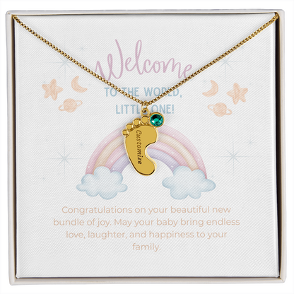 Engraved Baby Feet Necklace with Birthstone – Personalized New Mom Gift, Custom Name Jewelry, Baby Keepsake Necklace