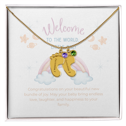 Engraved Baby Feet Necklace with Birthstone – Personalized New Mom Gift, Custom Name Jewelry, Baby Keepsake Necklace