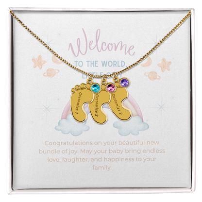 Engraved Baby Feet Necklace with Birthstone – Personalized New Mom Gift, Custom Name Jewelry, Baby Keepsake Necklace