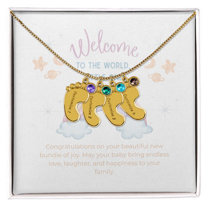 Engraved Baby Feet Necklace with Birthstone – Personalized New Mom Gift, Custom Name Jewelry, Baby Keepsake Necklace