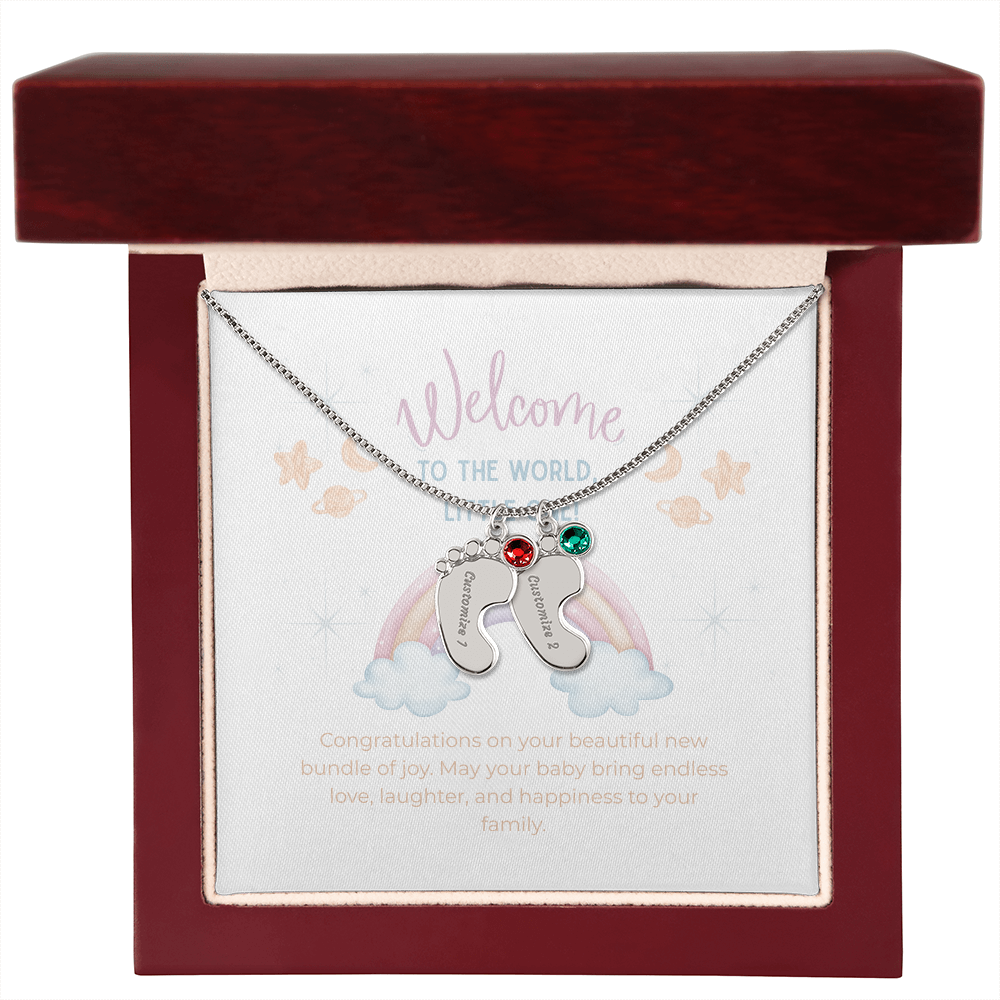 Engraved Baby Feet Necklace with Birthstone – Personalized New Mom Gift, Custom Name Jewelry, Baby Keepsake Necklace