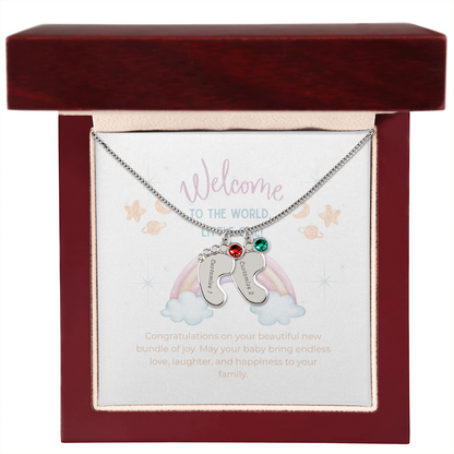 Engraved Baby Feet Necklace with Birthstone – Personalized New Mom Gift, Custom Name Jewelry, Baby Keepsake Necklace
