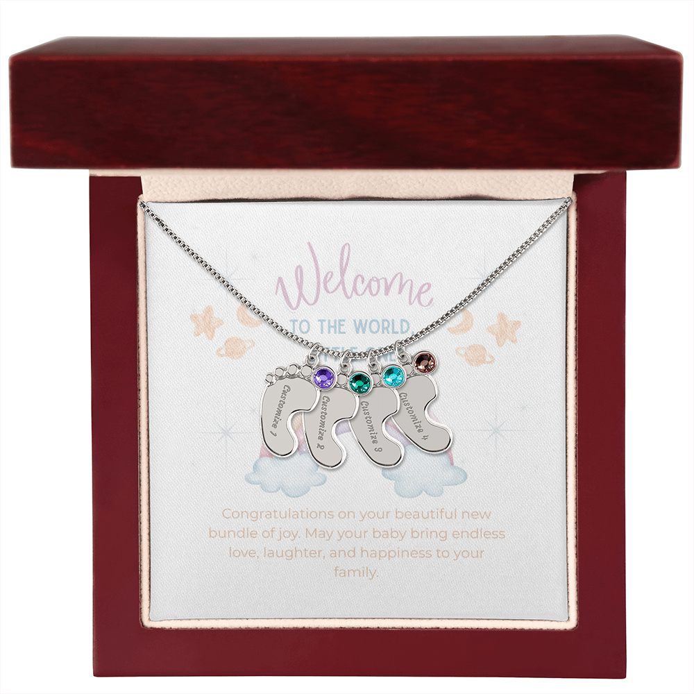 Engraved Baby Feet Necklace with Birthstone – Personalized New Mom Gift, Custom Name Jewelry, Baby Keepsake Necklace