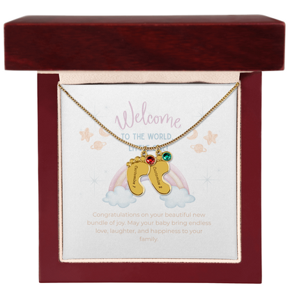 Engraved Baby Feet Necklace with Birthstone – Personalized New Mom Gift, Custom Name Jewelry, Baby Keepsake Necklace