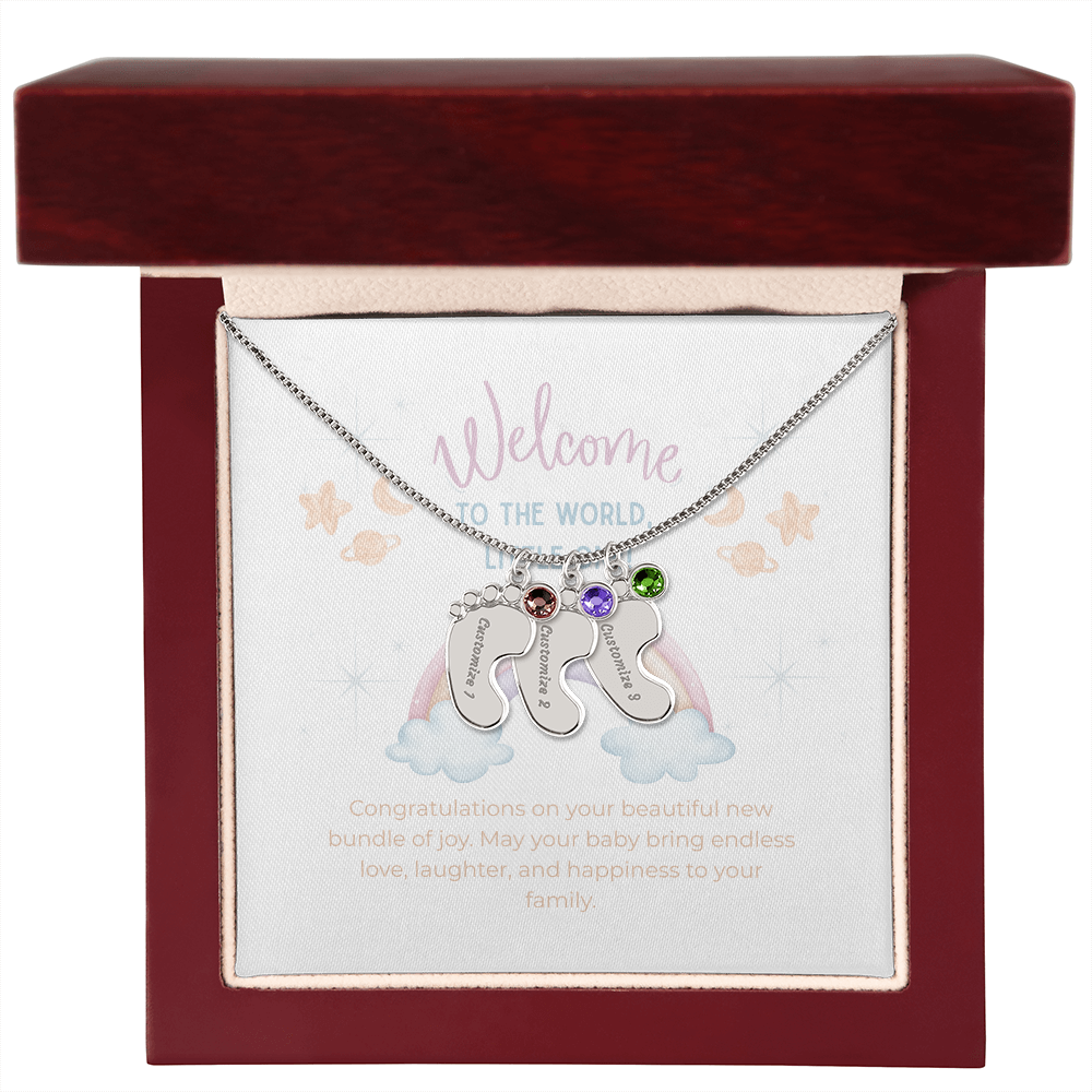 Engraved Baby Feet Necklace with Birthstone – Personalized New Mom Gift, Custom Name Jewelry, Baby Keepsake Necklace