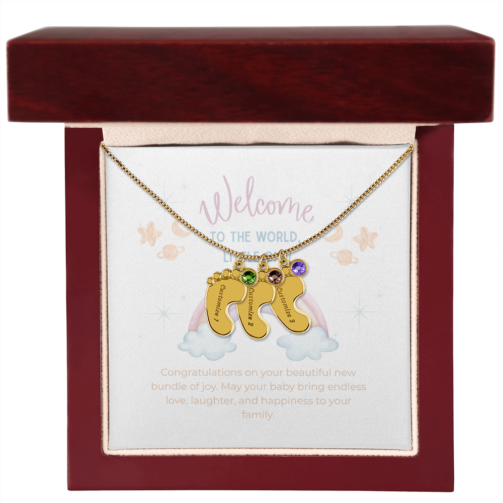 Engraved Baby Feet Necklace with Birthstone – Personalized New Mom Gift, Custom Name Jewelry, Baby Keepsake Necklace