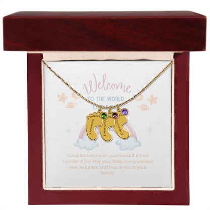 Engraved Baby Feet Necklace with Birthstone – Personalized New Mom Gift, Custom Name Jewelry, Baby Keepsake Necklace