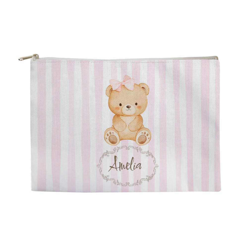 Customizable Pink Striped Teddy Bear Makeup Bag – Personalized Teen Cosmetic & Accessory Pouch