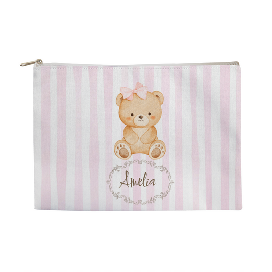Customizable Pink Striped Teddy Bear Makeup Bag – Personalized Teen Cosmetic & Accessory Pouch