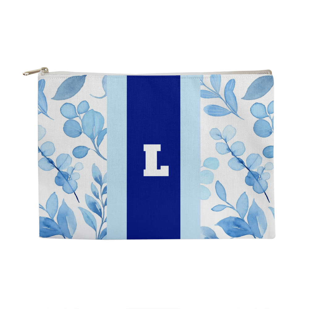 Personalized Blue Floral Monogram Makeup Bag – Custom Initial Cosmetic Pouch for Women