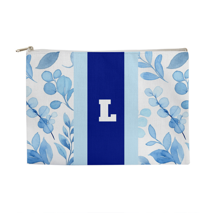 Personalized Blue Floral Monogram Makeup Bag – Custom Initial Cosmetic Pouch for Women