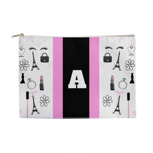 Personalized Pink & Black Paris Monogram Makeup Bag – Custom Initial Cosmetic Pouch for Women
