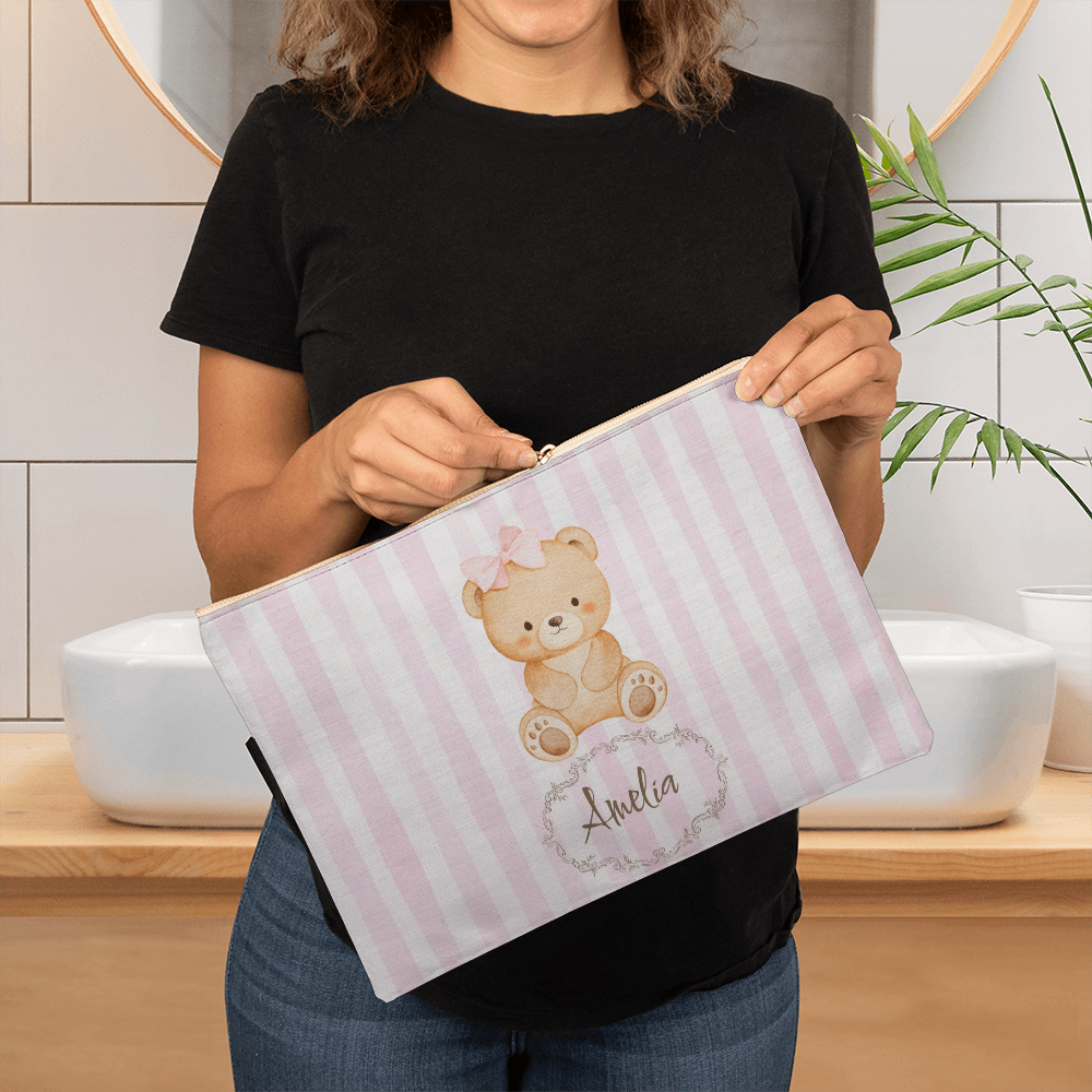 Customizable Pink Striped Teddy Bear Makeup Bag – Personalized Teen Cosmetic & Accessory Pouch
