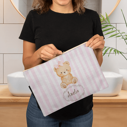 Customizable Pink Striped Teddy Bear Makeup Bag – Personalized Teen Cosmetic & Accessory Pouch