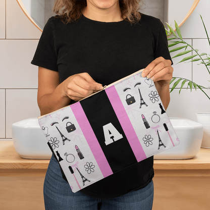 Personalized Pink & Black Paris Monogram Makeup Bag – Custom Initial Cosmetic Pouch for Women