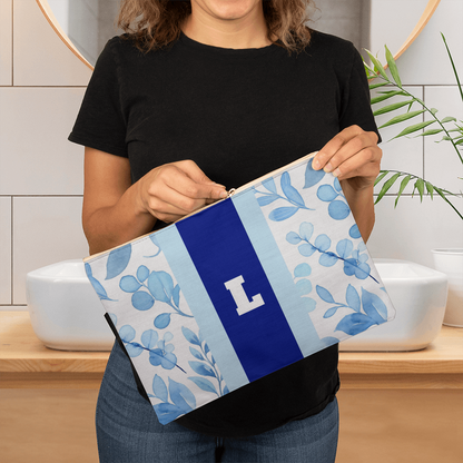 Personalized Blue Floral Monogram Makeup Bag – Custom Initial Cosmetic Pouch for Women