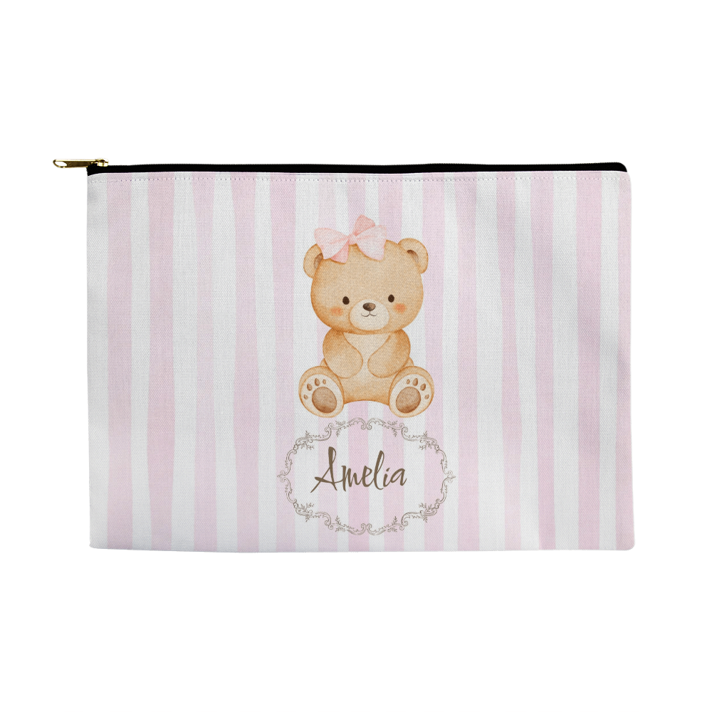 Customizable Pink Striped Teddy Bear Makeup Bag – Personalized Teen Cosmetic & Accessory Pouch
