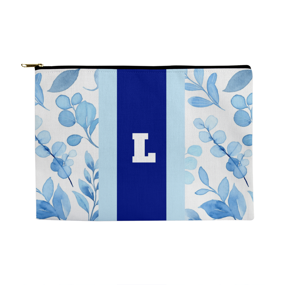 Personalized Blue Floral Monogram Makeup Bag – Custom Initial Cosmetic Pouch for Women