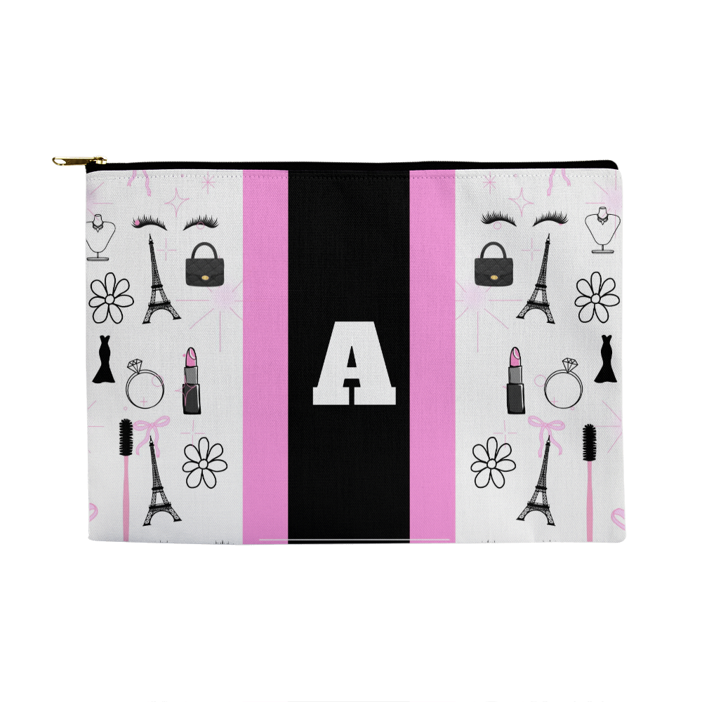 Personalized Pink & Black Paris Monogram Makeup Bag – Custom Initial Cosmetic Pouch for Women
