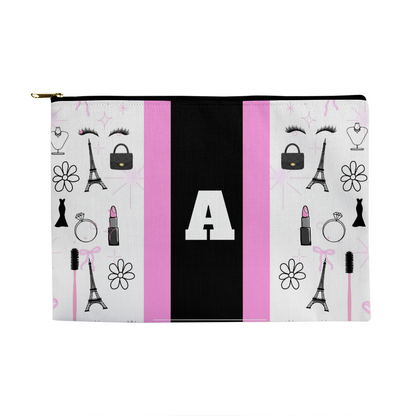 Personalized Pink & Black Paris Monogram Makeup Bag – Custom Initial Cosmetic Pouch for Women