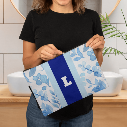 Personalized Blue Floral Monogram Makeup Bag – Custom Initial Cosmetic Pouch for Women