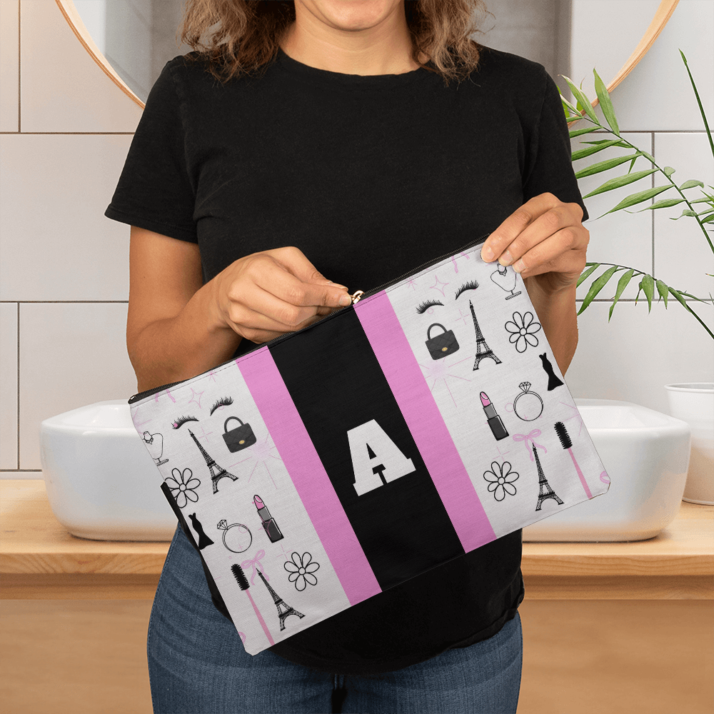 Personalized Pink & Black Paris Monogram Makeup Bag – Custom Initial Cosmetic Pouch for Women