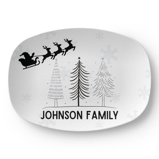 Personalized Christmas Platter with Name – Custom Holiday Serving Tray with Xmas Tree, Reindeer, Santa & Snowflakes