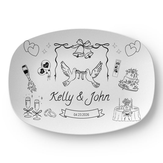 Personalized Wedding Plate – Custom Name & Date Keepsake with Ring, Cake & Champagne Design