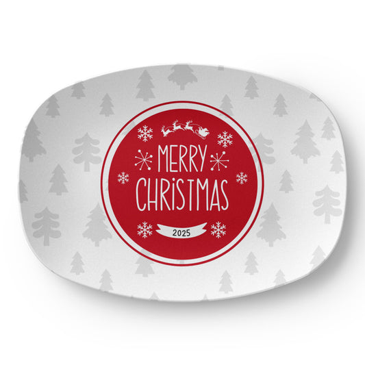 “Personalized Merry Christmas Platter – Red Holiday Serving Dish with Christmas Tree Design, 10x14 Oval”