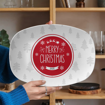 “Personalized Merry Christmas Platter – Red Holiday Serving Dish with Christmas Tree Design, 10x14 Oval”