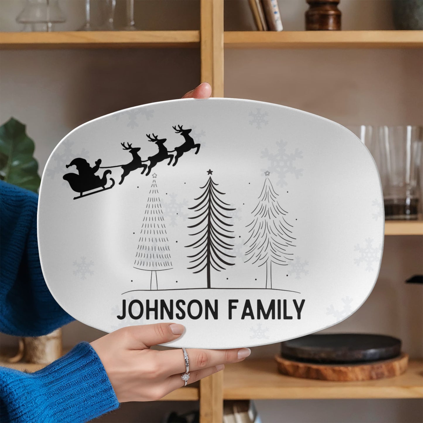 Personalized Christmas Platter with Name – Custom Holiday Serving Tray with Xmas Tree, Reindeer, Santa & Snowflakes