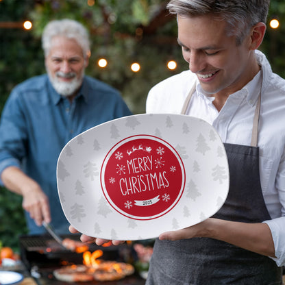 “Personalized Merry Christmas Platter – Red Holiday Serving Dish with Christmas Tree Design, 10x14 Oval”
