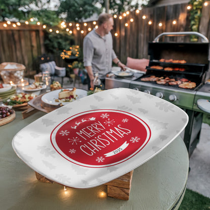 “Personalized Merry Christmas Platter – Red Holiday Serving Dish with Christmas Tree Design, 10x14 Oval”