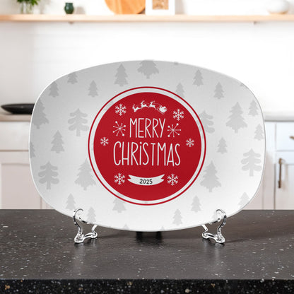 “Personalized Merry Christmas Platter – Red Holiday Serving Dish with Christmas Tree Design, 10x14 Oval”