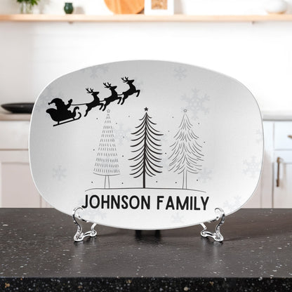 Personalized Christmas Platter with Name – Custom Holiday Serving Tray with Xmas Tree, Reindeer, Santa & Snowflakes