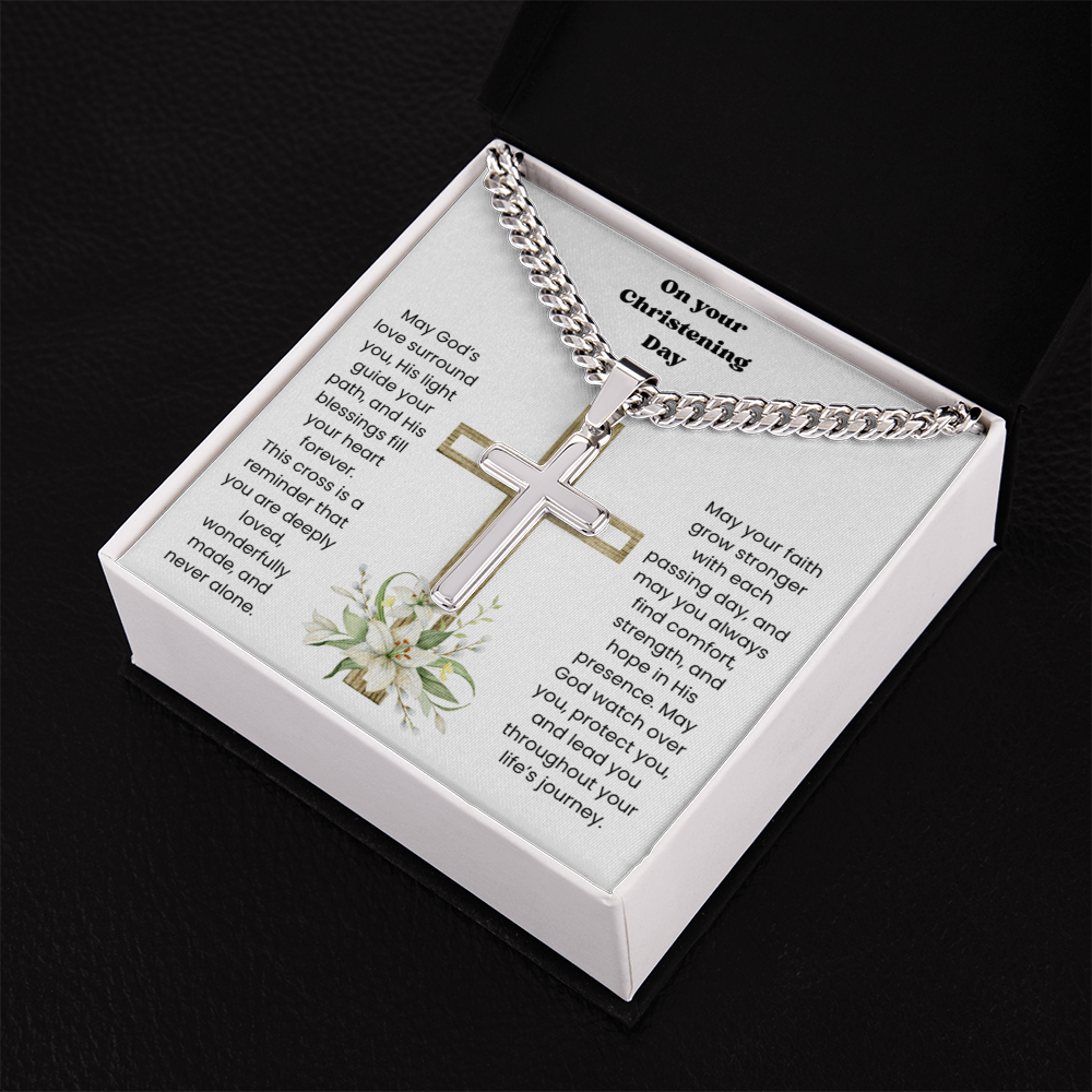 Christening Gift for Son – Personalized Cross Necklace with Cuban Link Chain ✝️💙