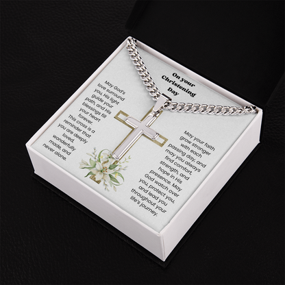 Christening Gift for Son – Personalized Cross Necklace with Cuban Link Chain ✝️💙