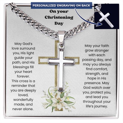 Christening Gift for Son – Personalized Cross Necklace with Cuban Link Chain ✝️💙
