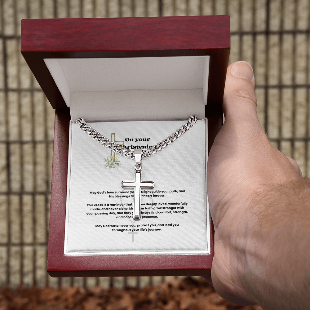 Christening Gift for Son – Personalized Cross Necklace with Cuban Link Chain ✝️💙