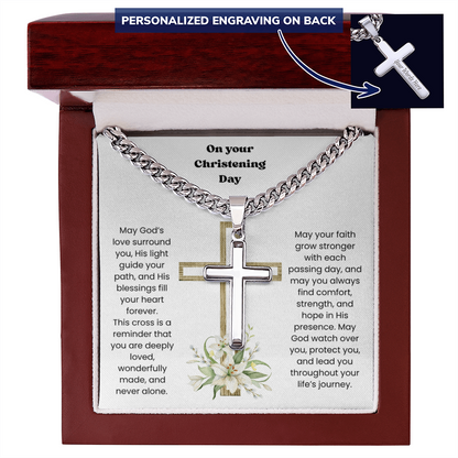 Christening Gift for Son – Personalized Cross Necklace with Cuban Link Chain ✝️💙