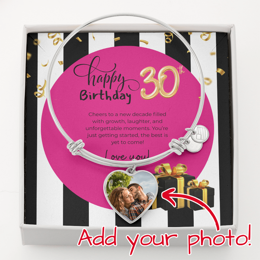 Happy 30th birthday Custom Luxury Heart Bangle – Personalized Photo Bracelet with Heart Charm | Meaningful Gift for Wife, Girlfriend, or Mom